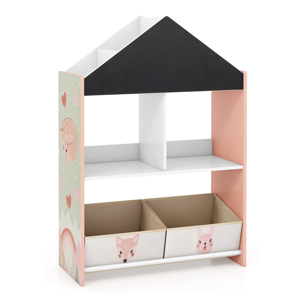 Wooden Kids Dollhouse Bookshelf Toy Storage Organizer with Chalkboard in pink with cute animal designs