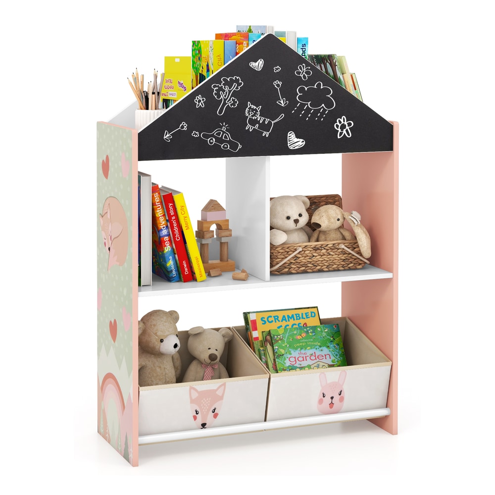 The kids storage unit displaying books and toys on its shelves and in its drawers