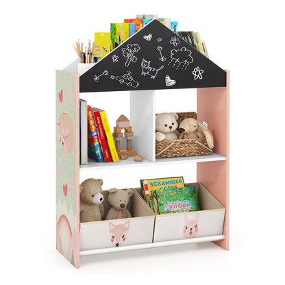 The kids storage unit displaying books and toys on its shelves and in its drawers