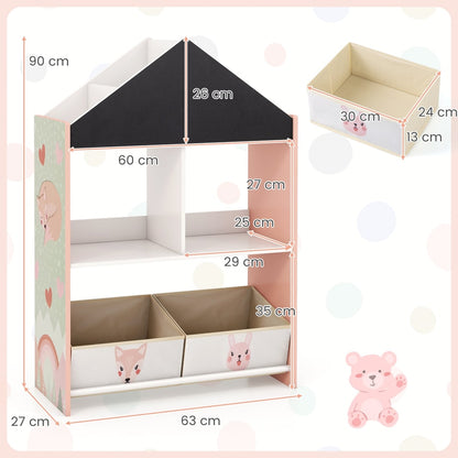 The dollhouse bookshelf with dimensions clearly marked on a white background
