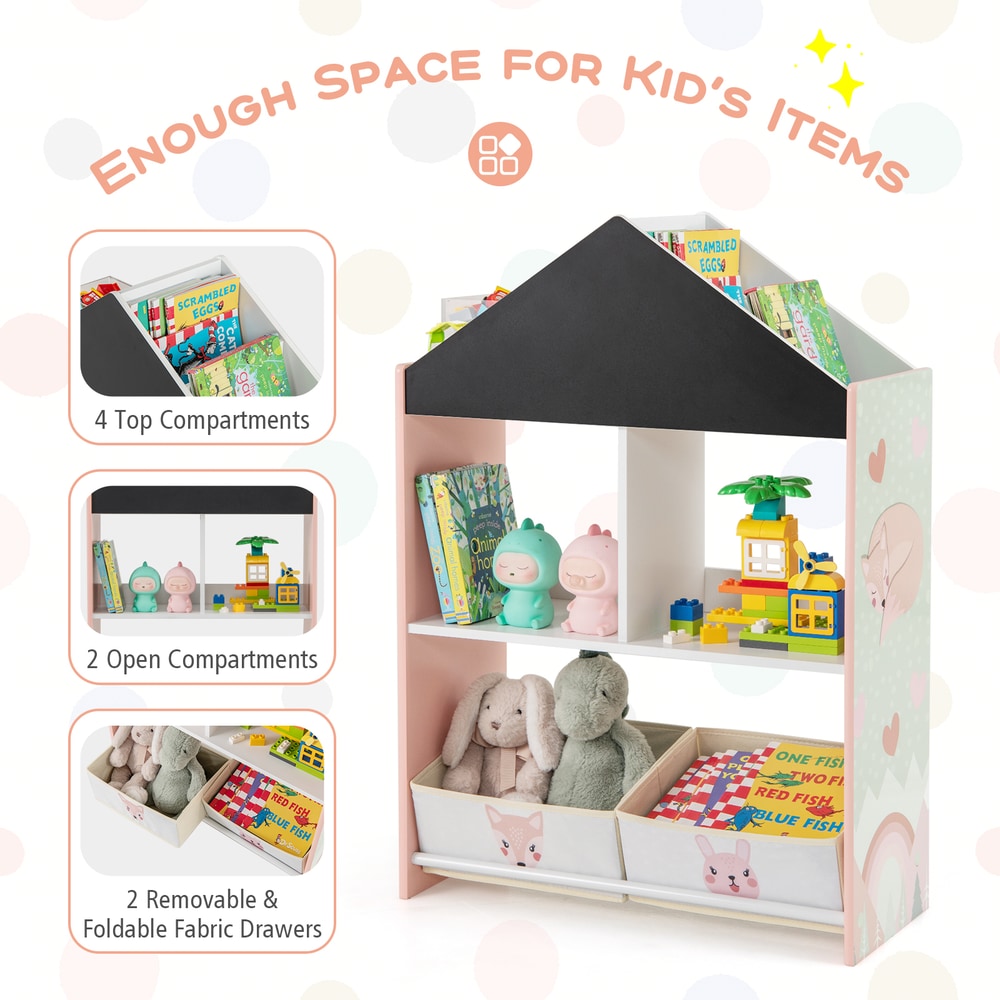 The dollhouse bookshelf showing its storage compartments and removable drawers