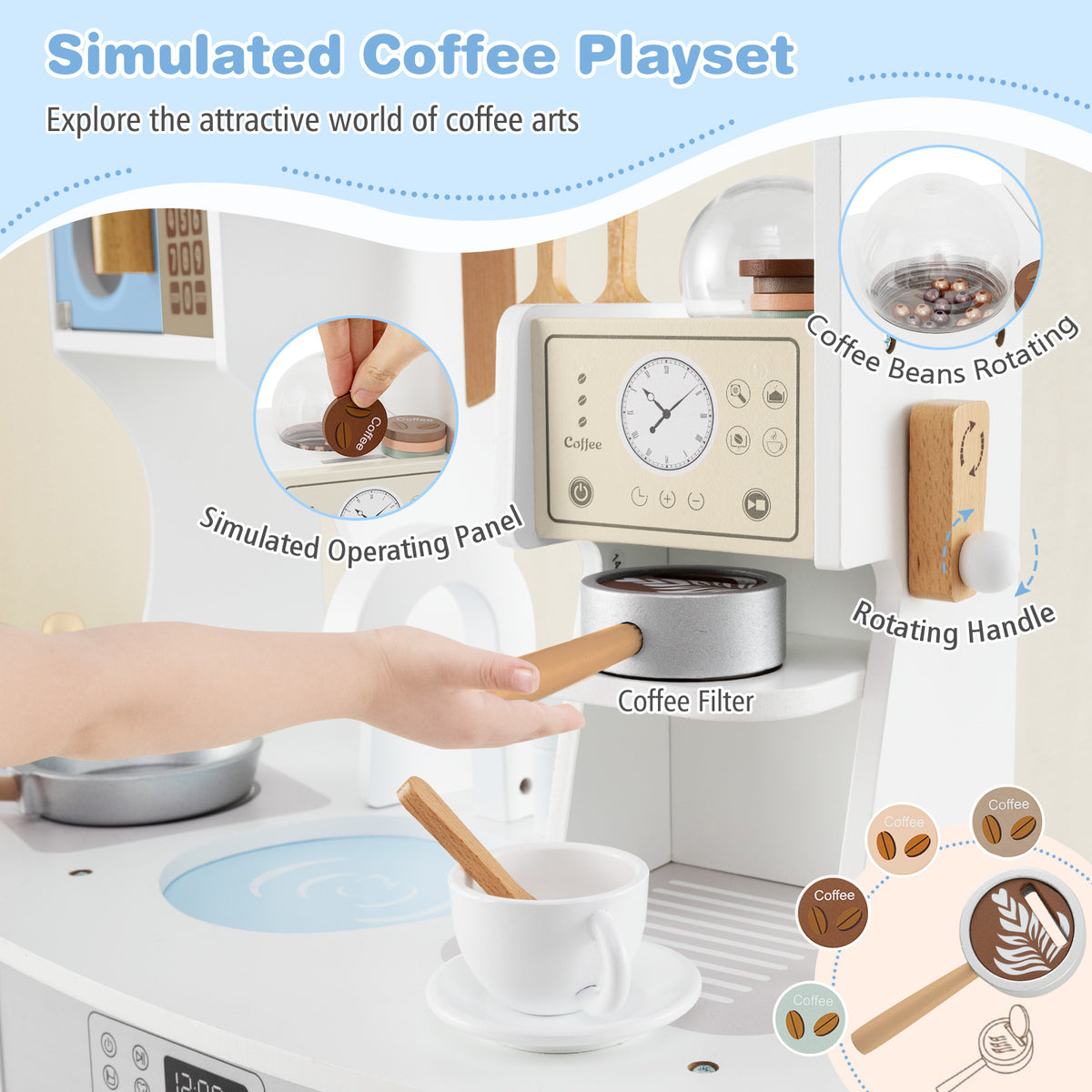 Close up of the coffee maker on the wooden play kitchen set with rotating beans