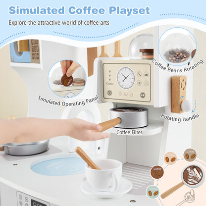 Close up of the coffee maker on the wooden play kitchen set with rotating beans