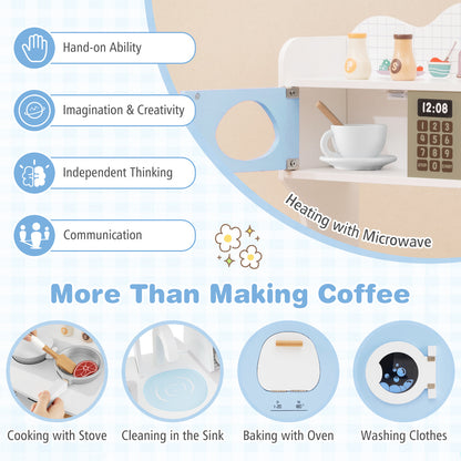 Icons showing benefits and features of the play kitchen set including cooking and washing