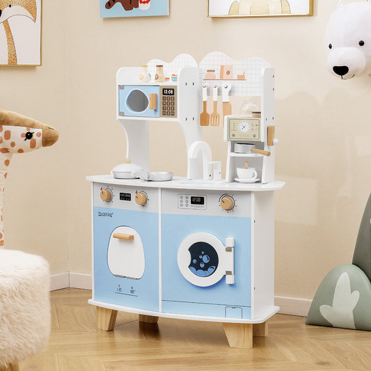 The blue and white play kitchen set with microwave, oven, hob and coffee maker