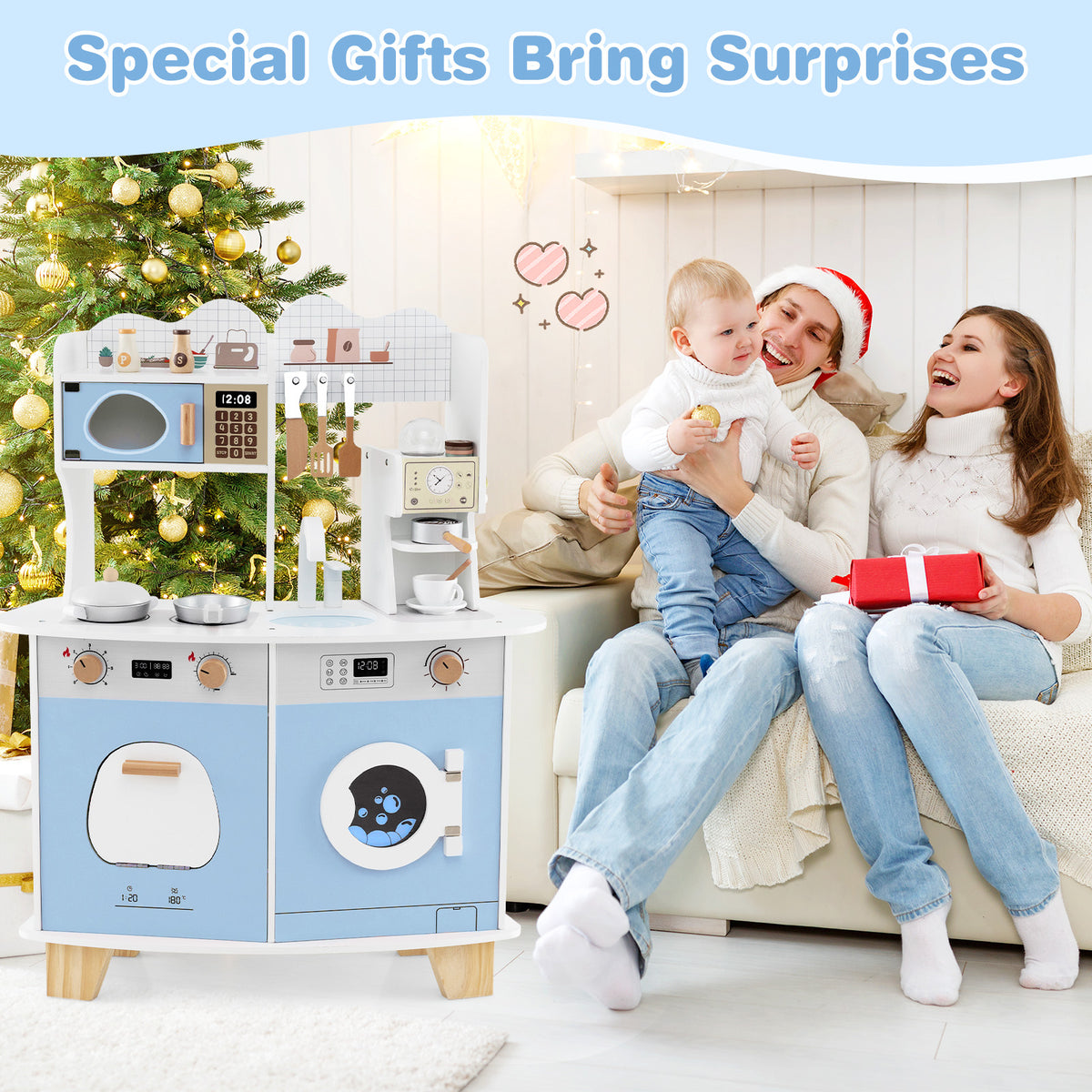 A family sits on a sofa with the blue and white play kitchen set in the background