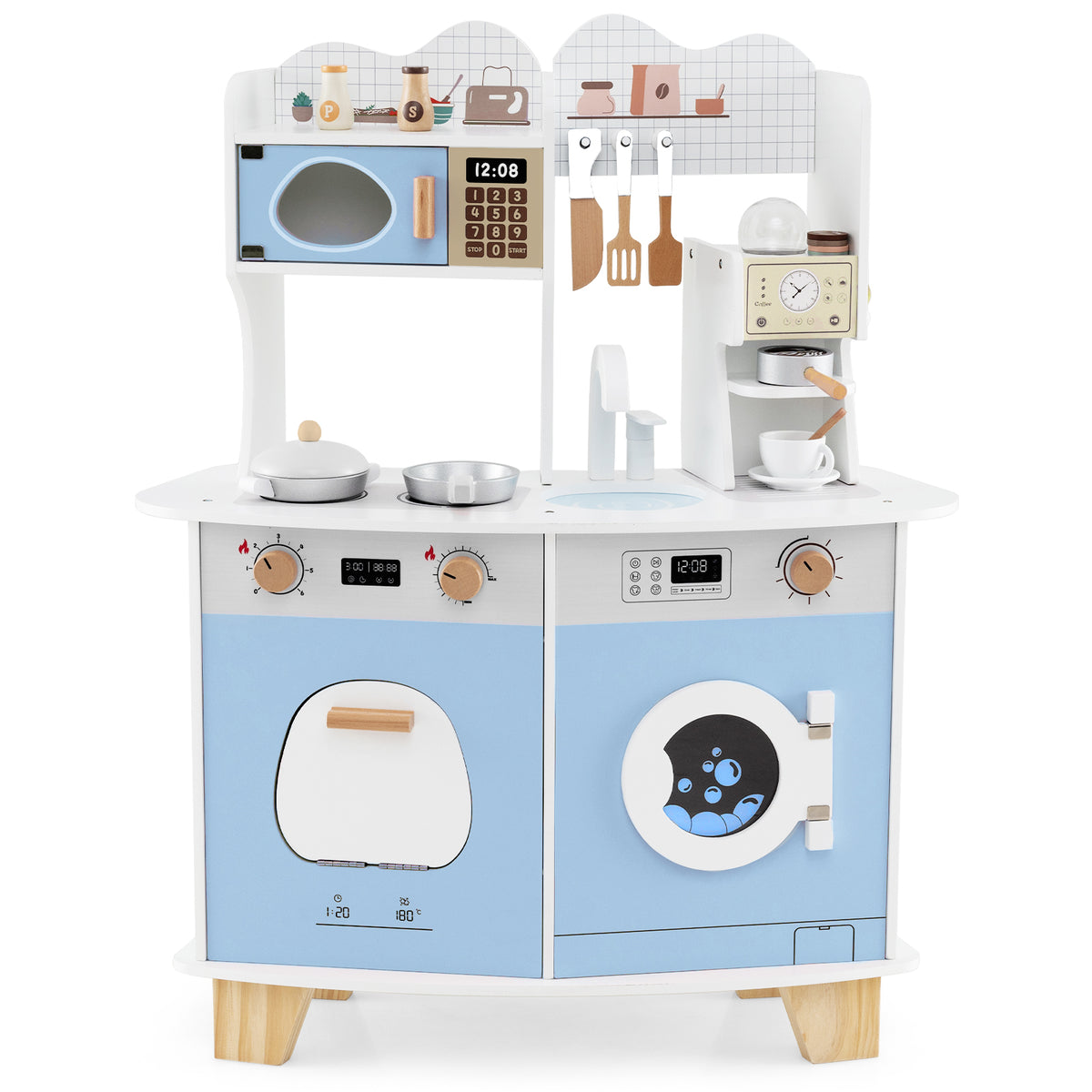 Wooden Kids Kitchen Playset Play Kitchen with coffee maker and washing machine in blue and white
