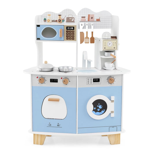 Wooden Kids Kitchen Playset Play Kitchen with coffee maker and washing machine in blue and white