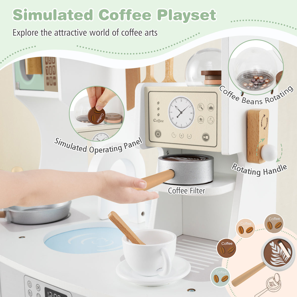 Close-up of the coffee maker section showing the filter, handle and rotating coffee beans