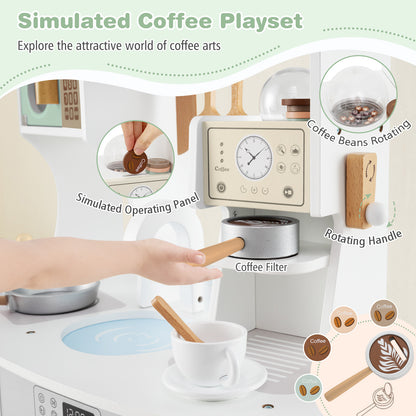 Close-up of the coffee maker section showing the filter, handle and rotating coffee beans
