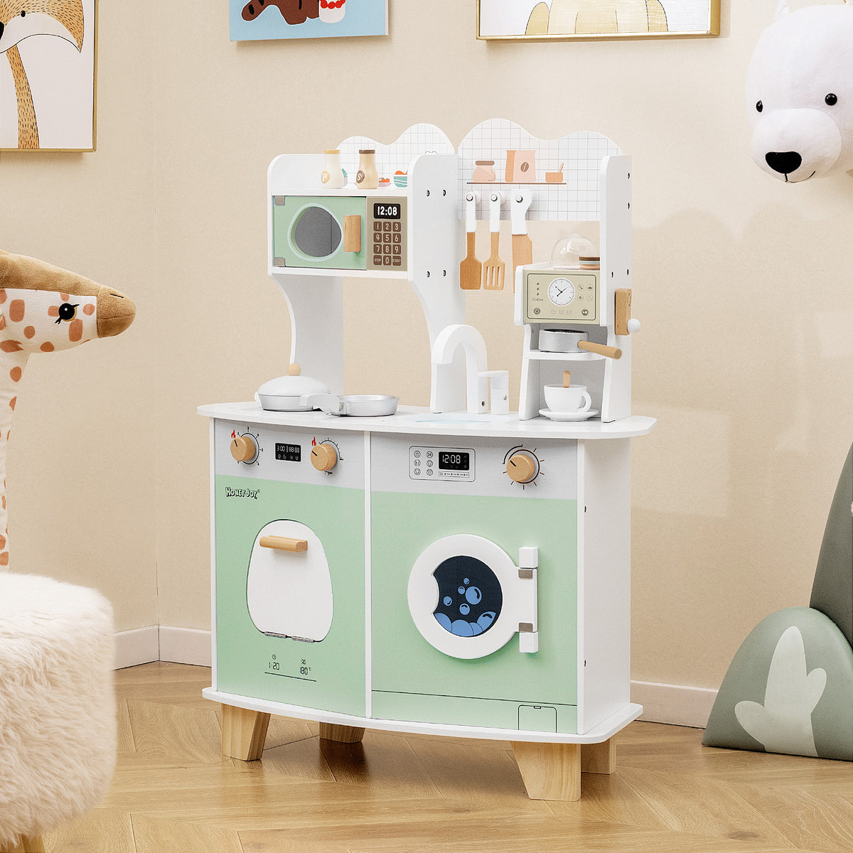 The play kitchen set standing in a child's bedroom with animal wall art and a soft rug