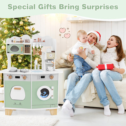 The play kitchen set displayed next to a family celebrating Christmas in a living room