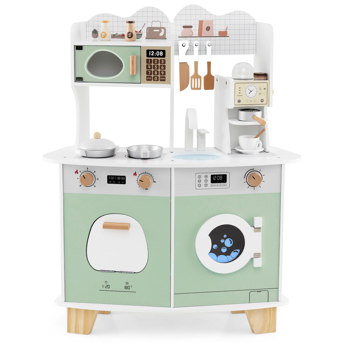 Wooden Kids Kitchen Playset with a microwave, coffee maker, oven and washing machine in green and white