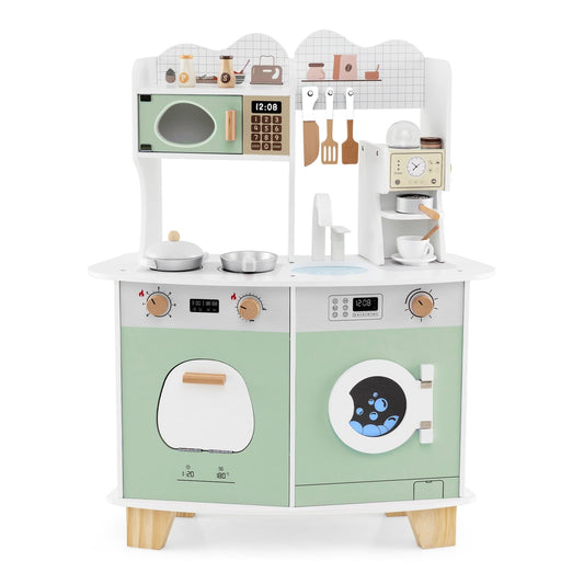 Wooden Kids Kitchen Playset with a microwave, coffee maker, oven and washing machine in green and white