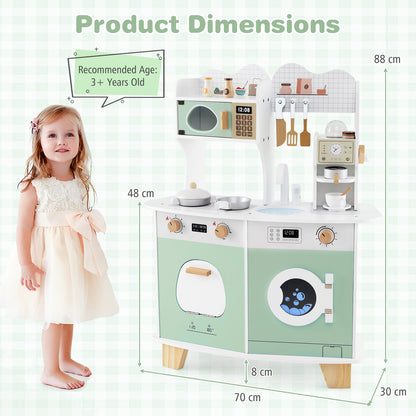 The play kitchen set next to a young girl to show the scale and overall dimensions