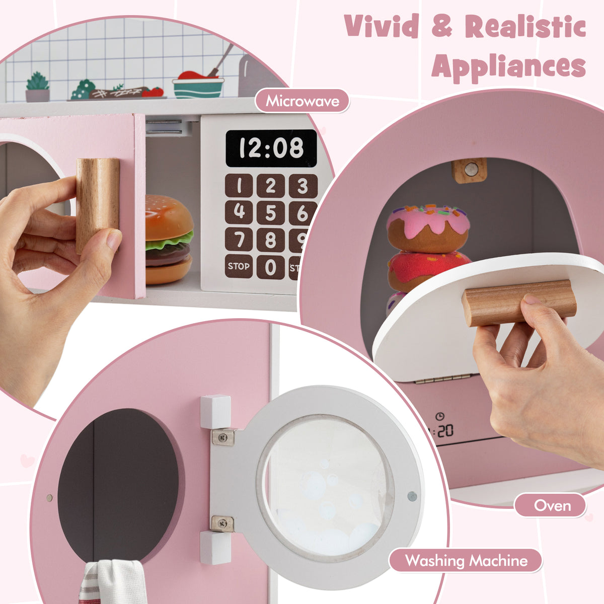 Close up of the microwave, oven and washing machine on the pink wooden kids kitchen playset