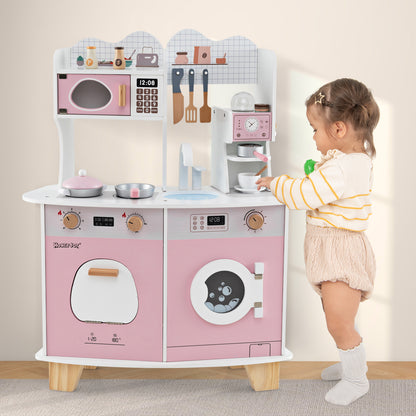 A young child plays with the pink wooden kids kitchen playset
