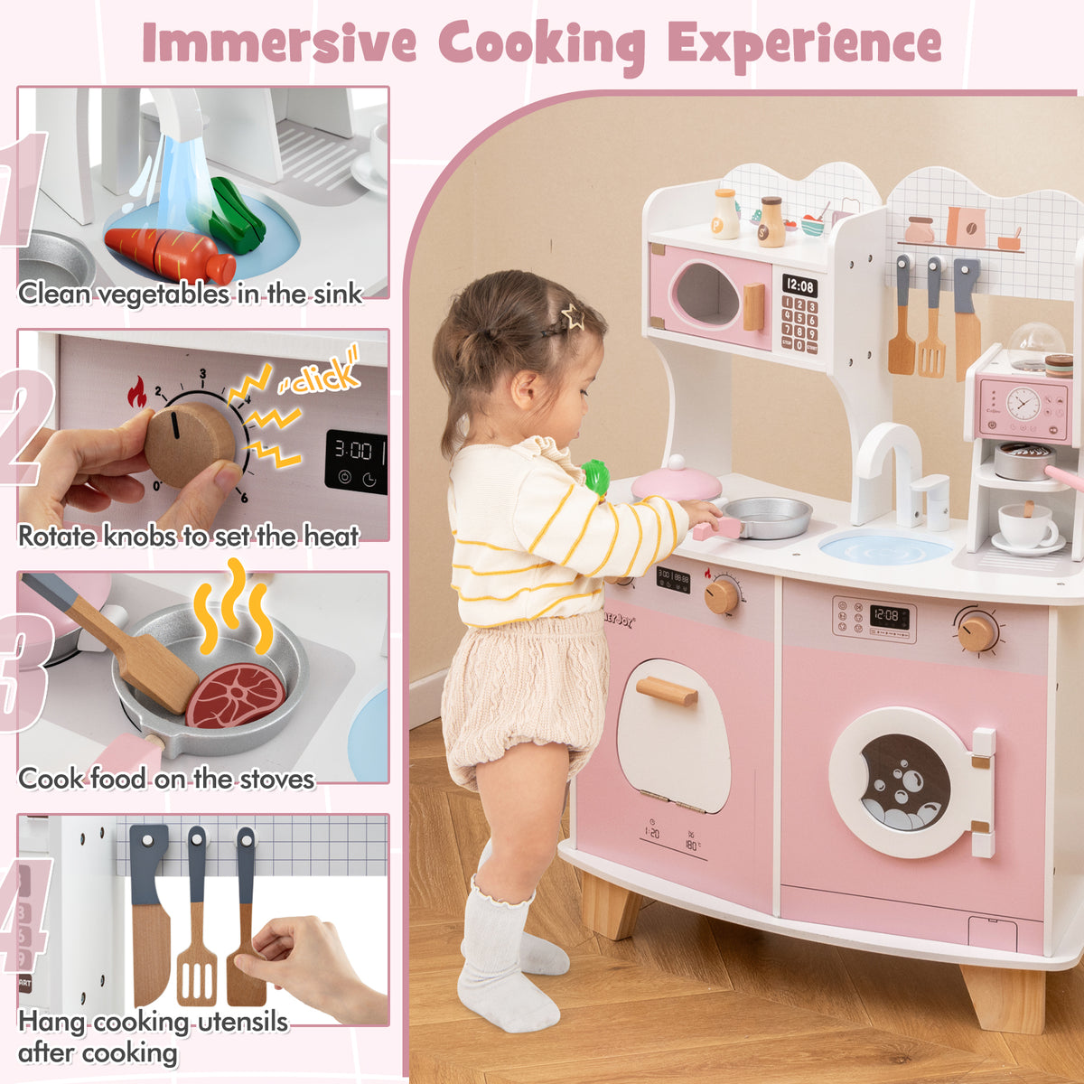 Immersive cooking experience with the pink wooden kids kitchen playset