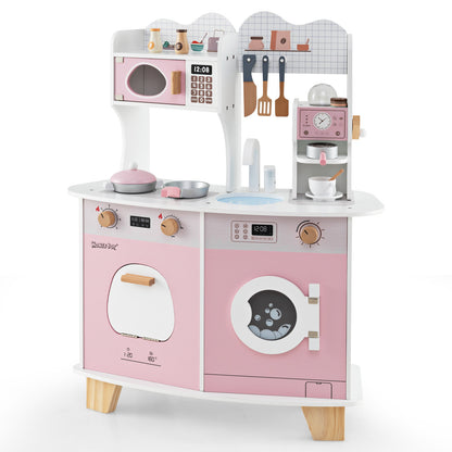 Front view of the pink wooden kids kitchen playset with accessories