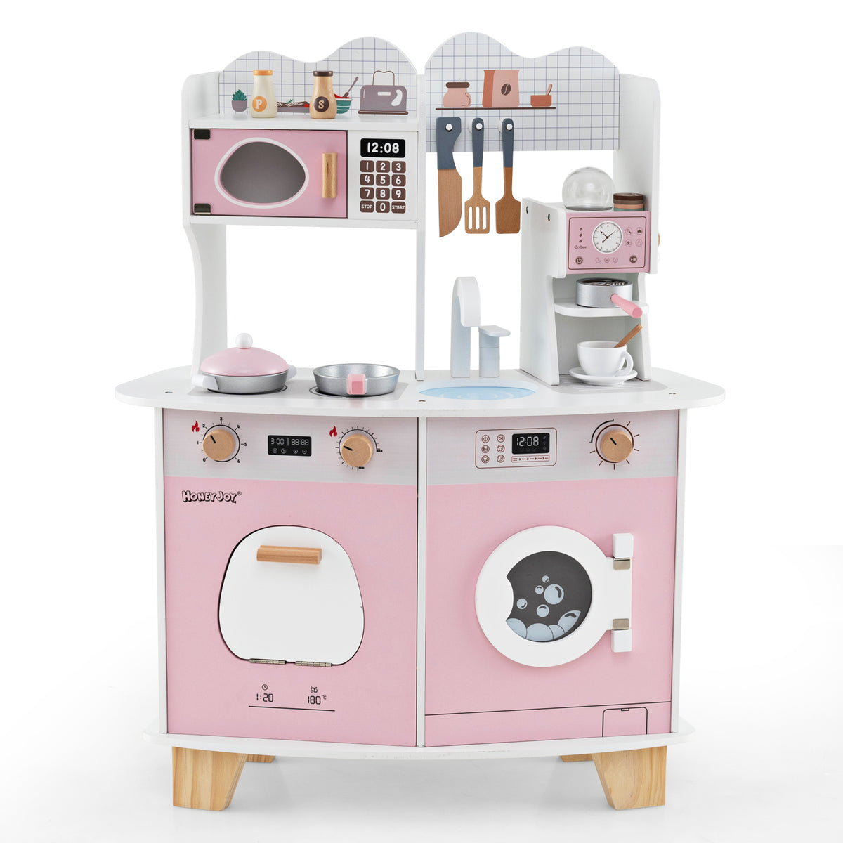 Wooden Kids Kitchen Playset with microwave, oven, sink and washing machine in pink