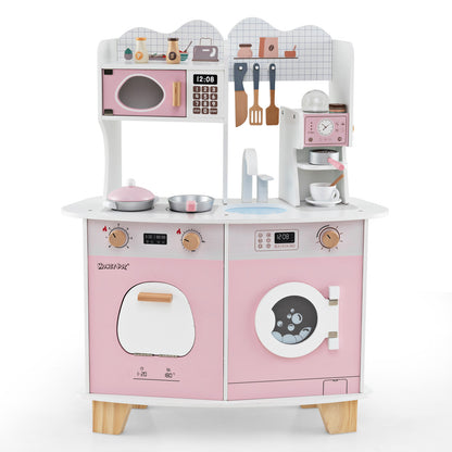 Wooden Kids Kitchen Playset with microwave, oven, sink and washing machine in pink