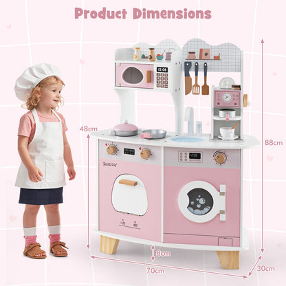 Product dimensions diagram for the pink wooden kids kitchen playset
