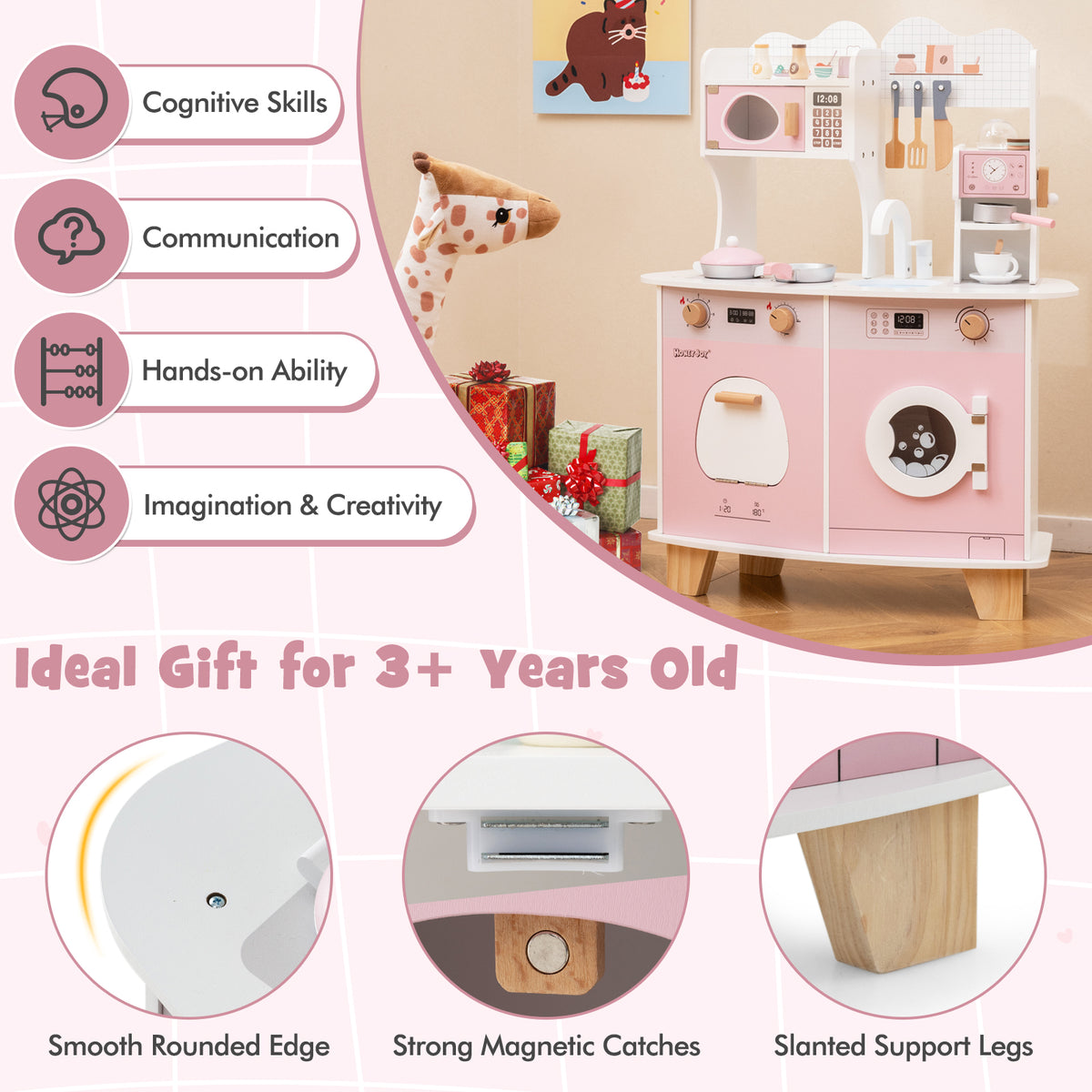 Pink wooden play kitchen set showing cognitive skills, communication, hands-on ability, and imagination