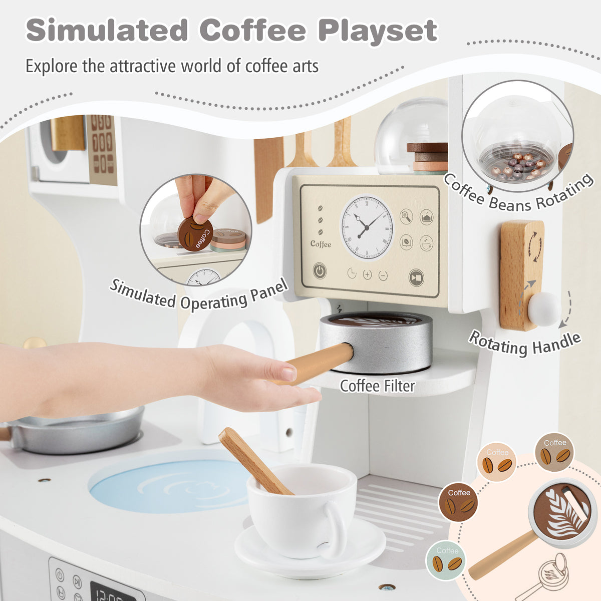 Close up of the simulated coffee maker on the wooden kids play kitchen