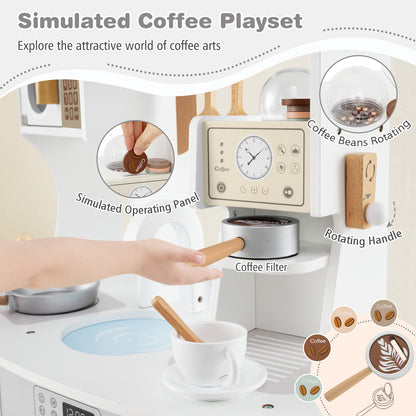 Close up of the simulated coffee maker on the wooden kids play kitchen