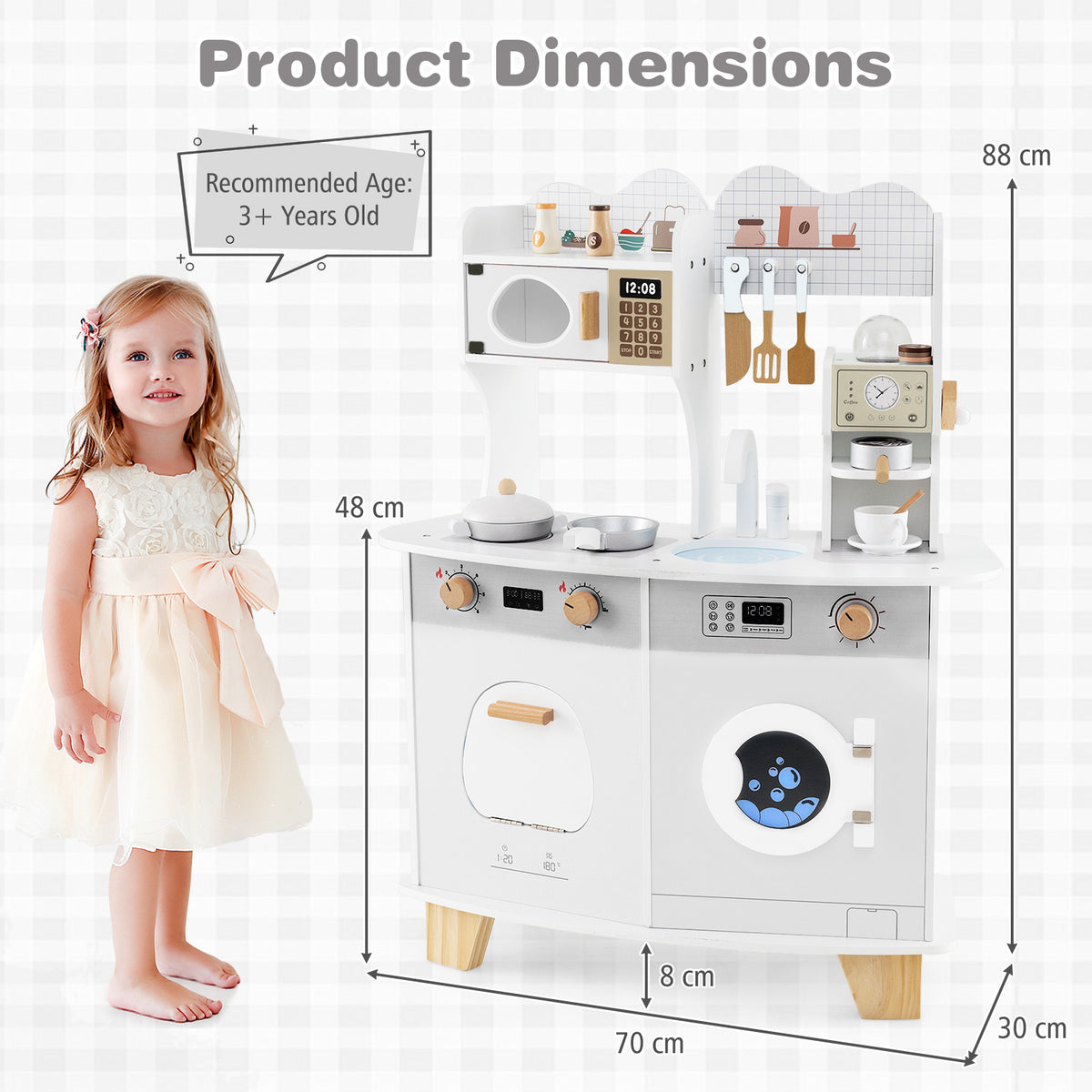 Product dimensions diagram for the white wooden kids play kitchen