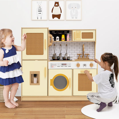 Two young children playing together with the wooden play kitchen set in a bright nursery room