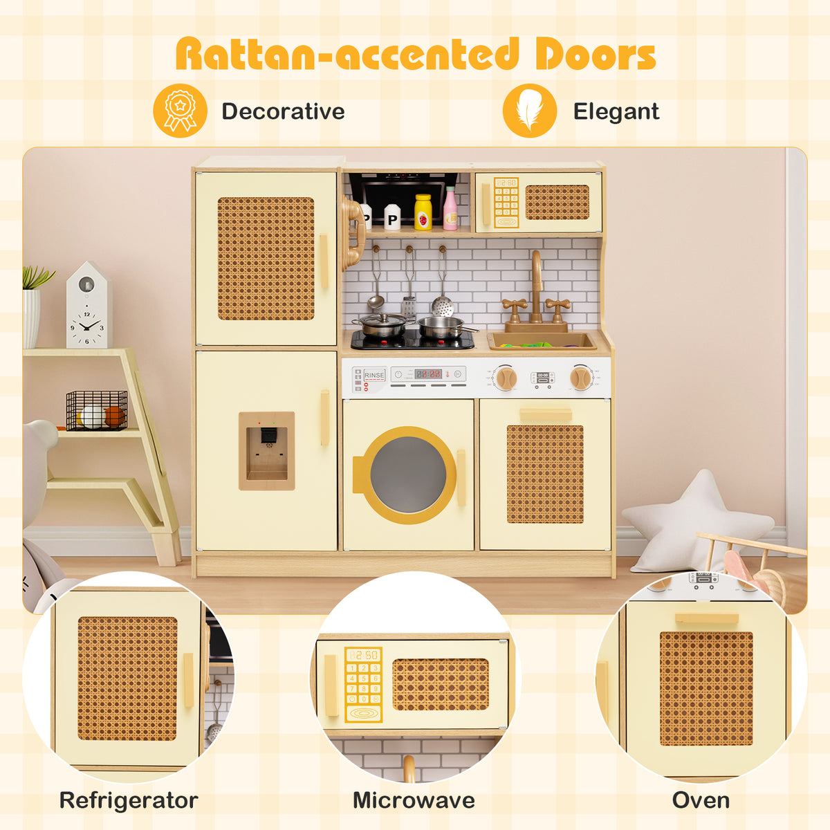 The play kitchen set highlighting the rattan-accented refrigerator, microwave and oven doors