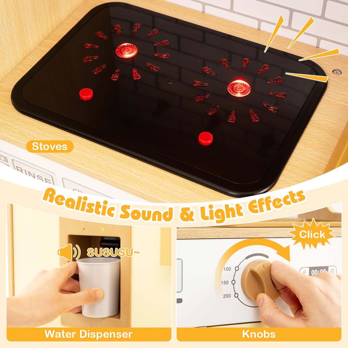 Close-up details of the stove lights, water dispenser sound and clicking control knobs