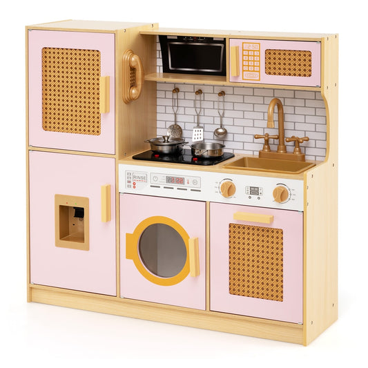 Wooden Kids Kitchen Playset with pink doors and a tiled backsplash