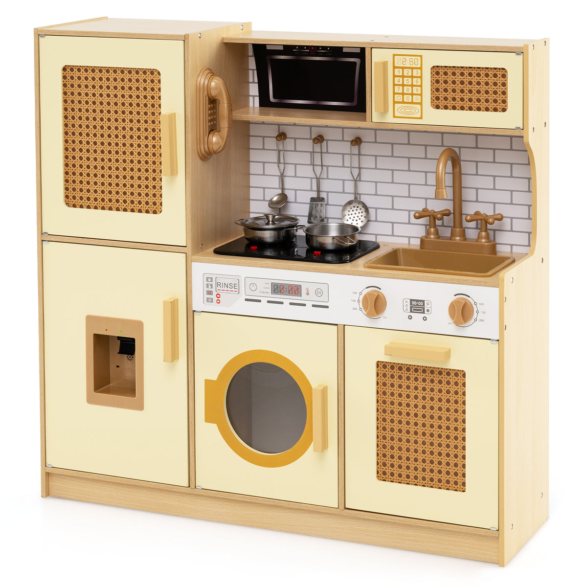 Wooden Kids Kitchen Playset featuring a stove, sink, microwave and yellow rattan-accented doors