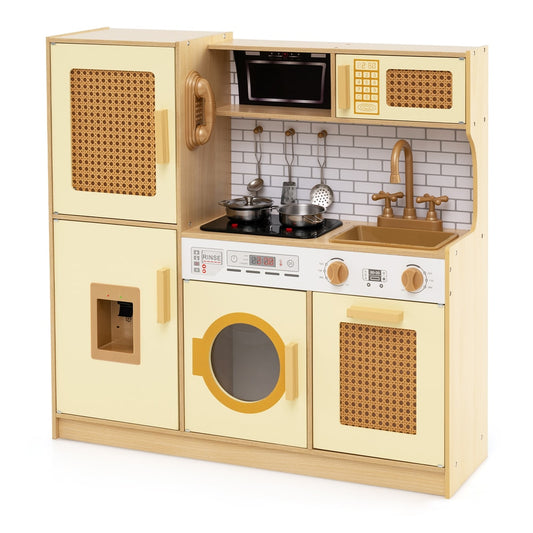 Wooden Kids Kitchen Playset featuring a stove, sink, microwave and yellow rattan-accented doors