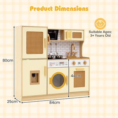 The play kitchen set shown with arrows indicating height, width and depth for size reference