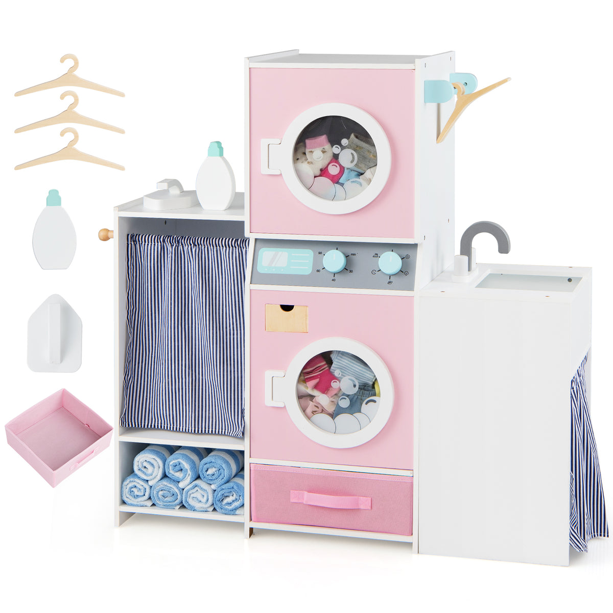 Wooden Kids Laundry Playset Pretend Toy Washing Machine with laundry detergent bottle and hanging rail