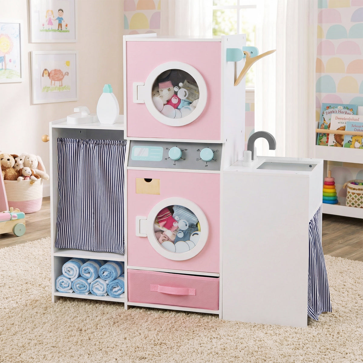 The pink toy washing machine set with a sink and storage shelves in a child's room