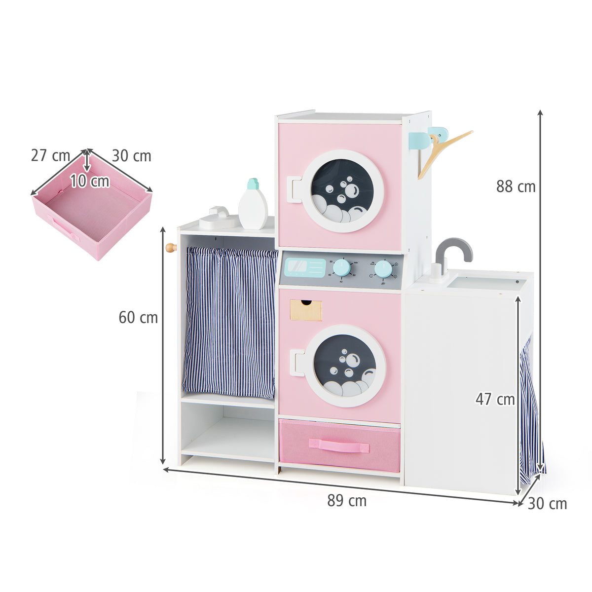 A pink toy washing machine with dimensions shown in centimetres