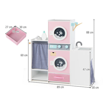 A pink toy washing machine with dimensions shown in centimetres