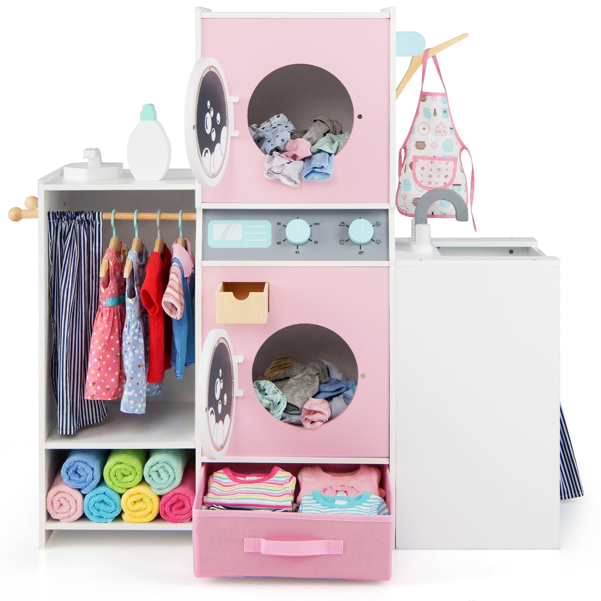 The toy washing machine with clothes on the hanging rail and in the drawers