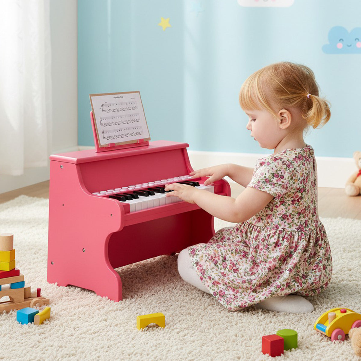 A young child playing the pink wooden kids piano keyboard in a bright room with toys