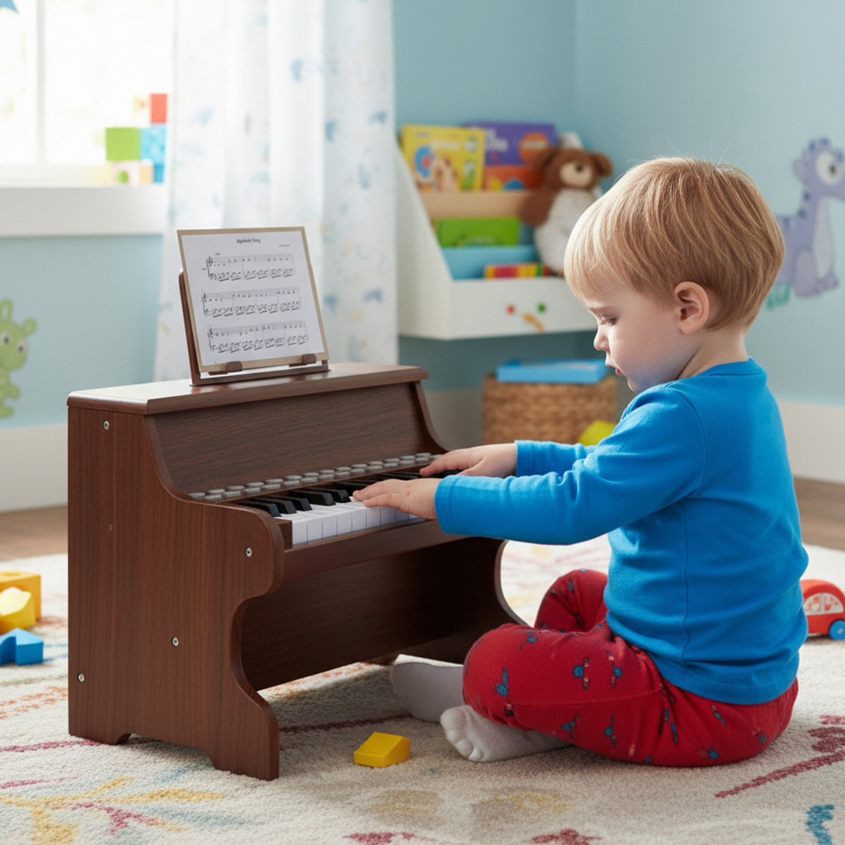 A young boy sitting on a rug playing the wooden digital piano in a bright playroom