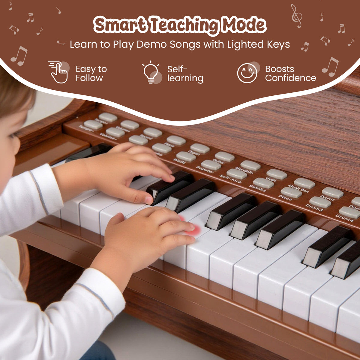 A close-up of a child pressing the illuminated keys on the digital piano for learning