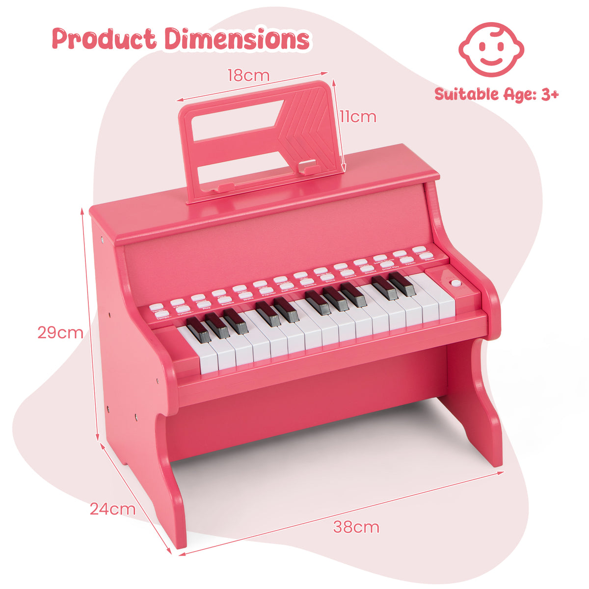 Pink wooden kids piano keyboard with dimensions and age suitability shown