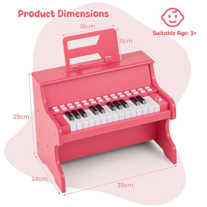 Pink wooden kids piano keyboard with dimensions and age suitability shown