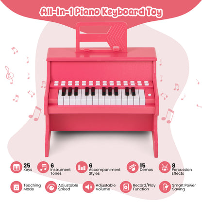 Pink wooden kids piano keyboard with features listed including 25 keys and teaching mode