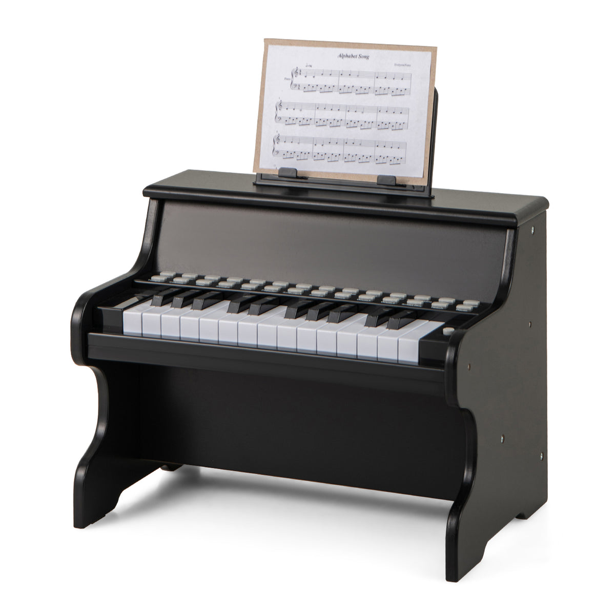 Black 25-key digital piano keyboard with music stand, front view