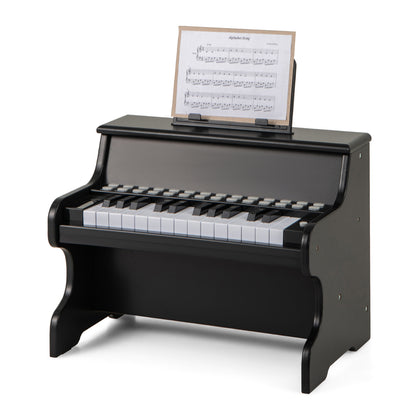 Black 25-key digital piano keyboard with music stand, front view